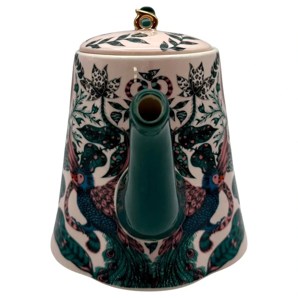 Anthropologie Emma J Shipley Maisie Teapot Peacock Feathers Bird Leaves Pink HTF